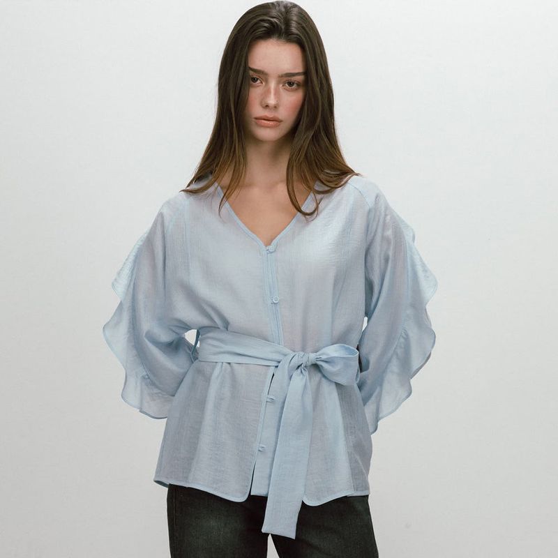 FRILL BELTED BLOUSE / SKYBLUE