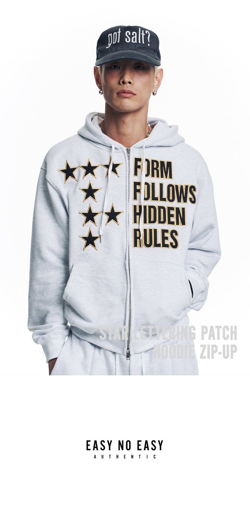 Star Lettering Patch Hoodie Zip-Up - White