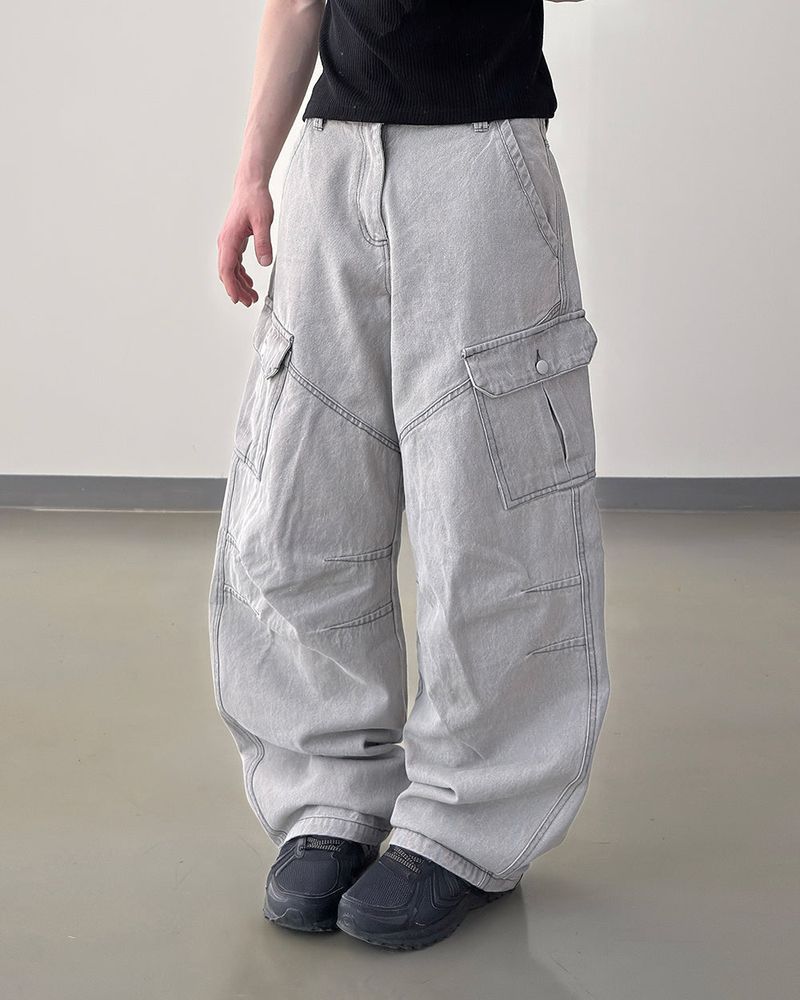Bion Gray Wash Cargo Denim Pants