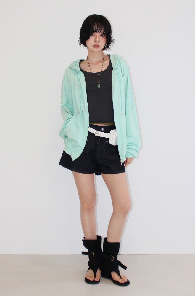 ROUGH SHIRRING HOOD ZIP-UP
