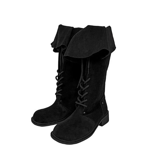 Semu lace-up fold long boots