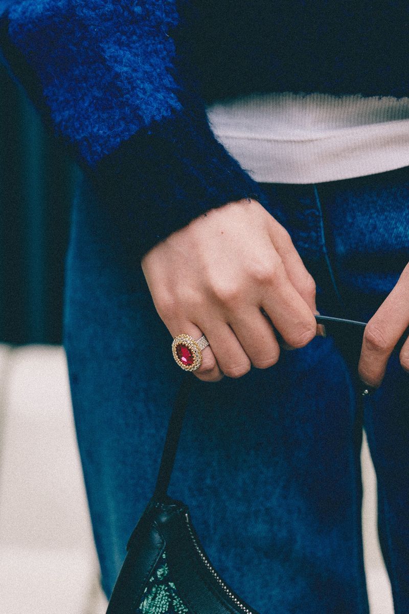 14k Gold & Silver Crystal Beads Ring (Red)