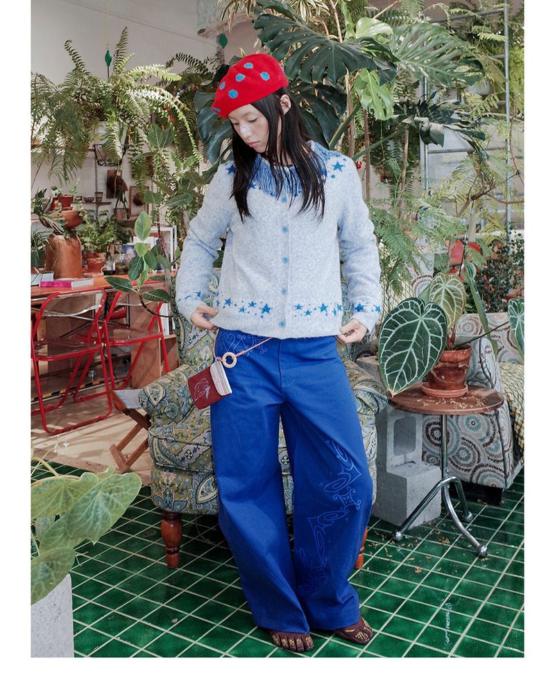 UnsocalNight2025 Original Literary Retro Autumn and Winter プリントブルーストレートマシェパンツ