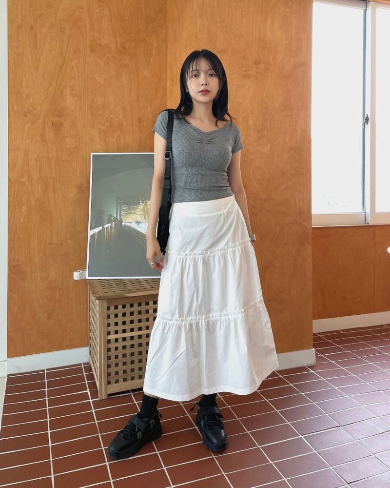 Pudie A-line Cotton Shirring Long Skirt 3C