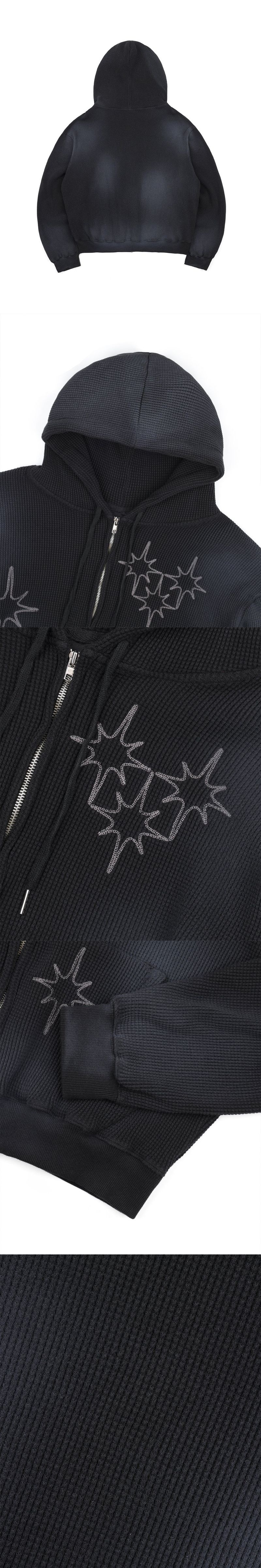Washed Star Waffle Hooded Zip-Up - Black