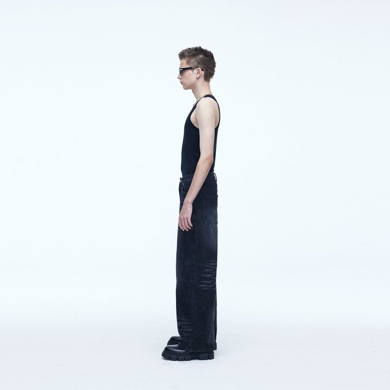 Double Knee Carpenter Wide Denim Pants Black