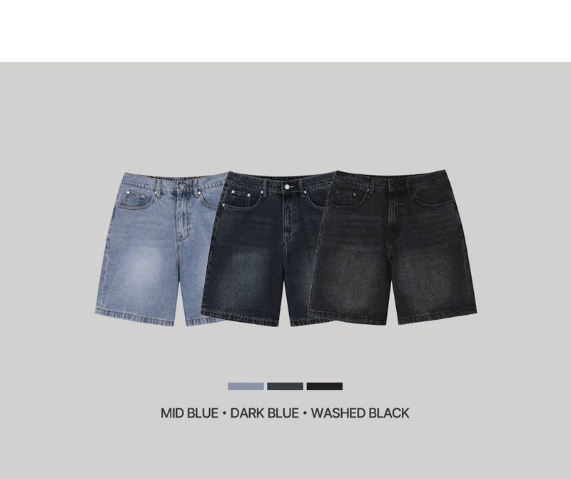 Look Pierre Vintage Washed Back Banding Wide Denim Half Pants