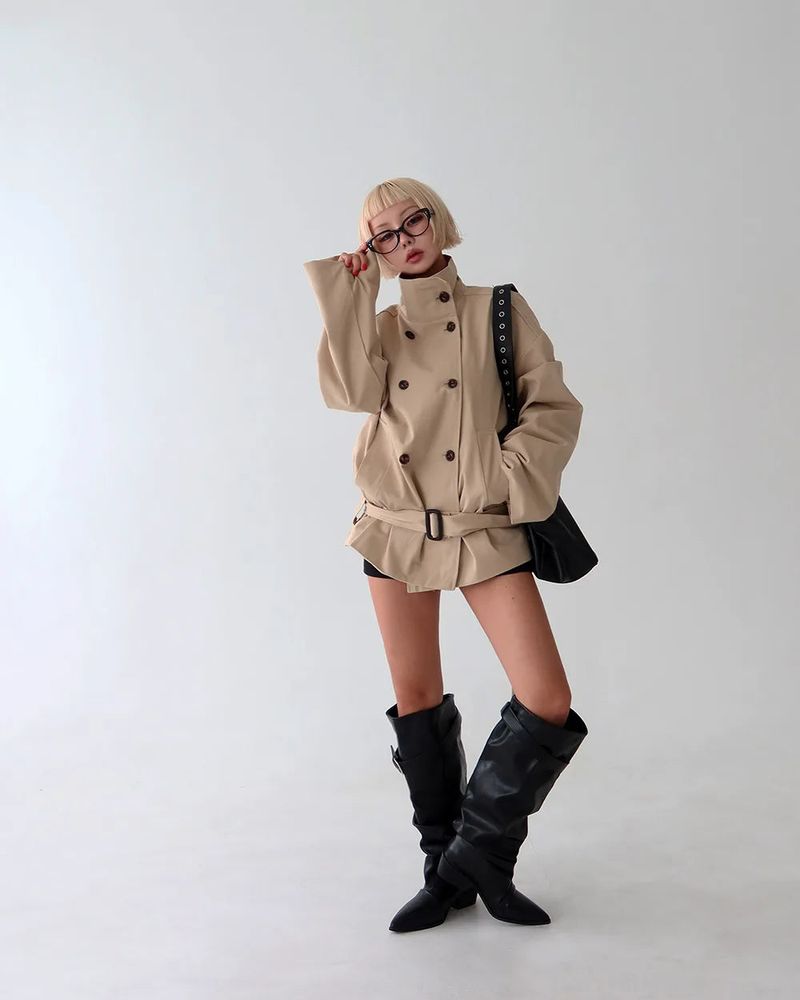 Belt Set High-Neck Half Trench Coat