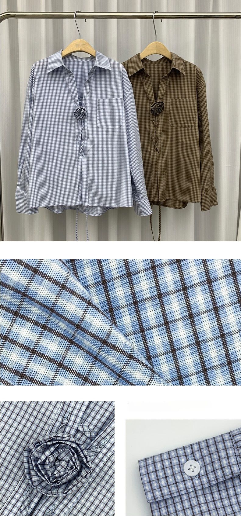 French Corsage Shirring Flower Tie Loose-Fit Check Shirt