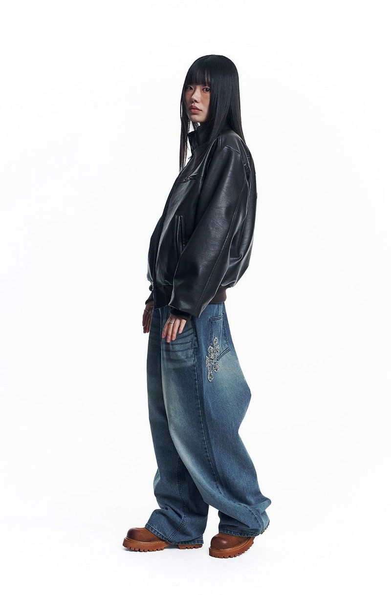 Leopard Cross Patch Roll-Up Denim Pants - Deep Blue