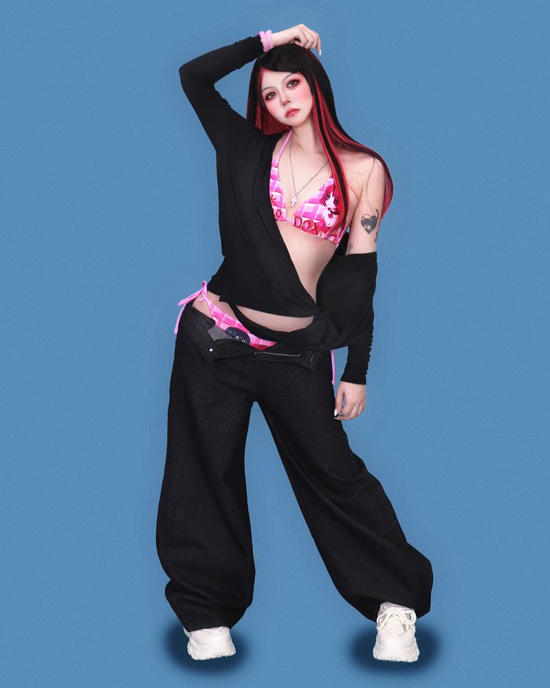 pink stone black denim pants