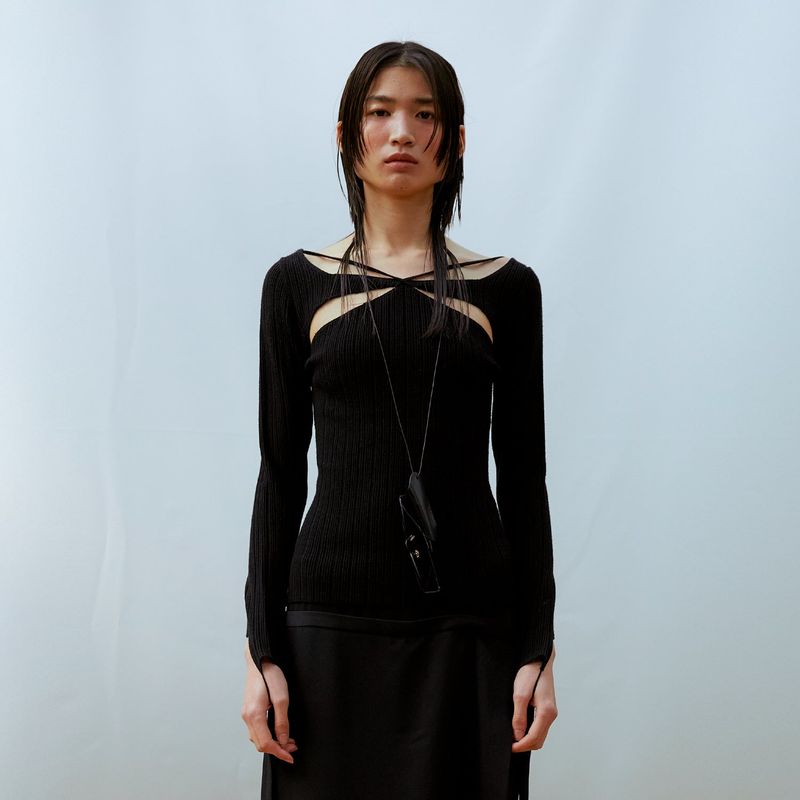 13MONTH（サーティーンマンス）の「Hole Strap Knit Top (BLACK)（Tops）」