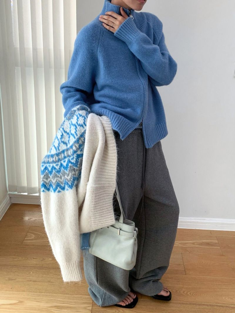 Stand Collar High Neck Zip-Up Long Sleeve Knitwear