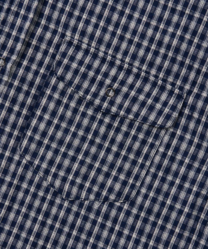 Sheer Kerr Roll-Up Checkered Cropped Short Sleeve Shirt - Navy
