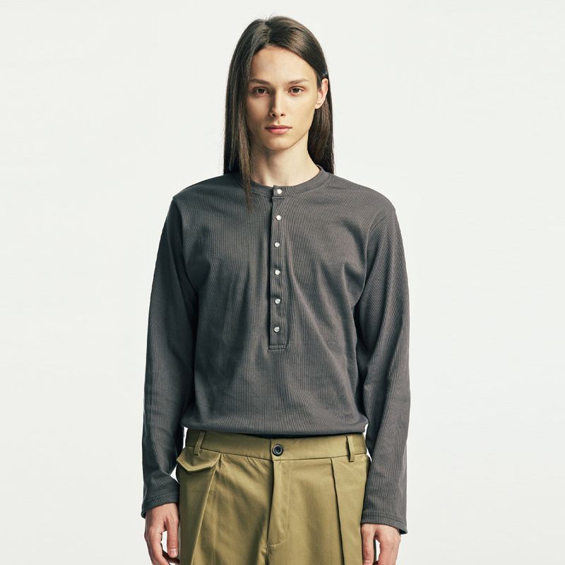below button-down henry neck long sleeve charcoal