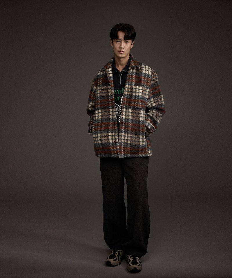 COZY HAIRY CHECK JACKET NAVY