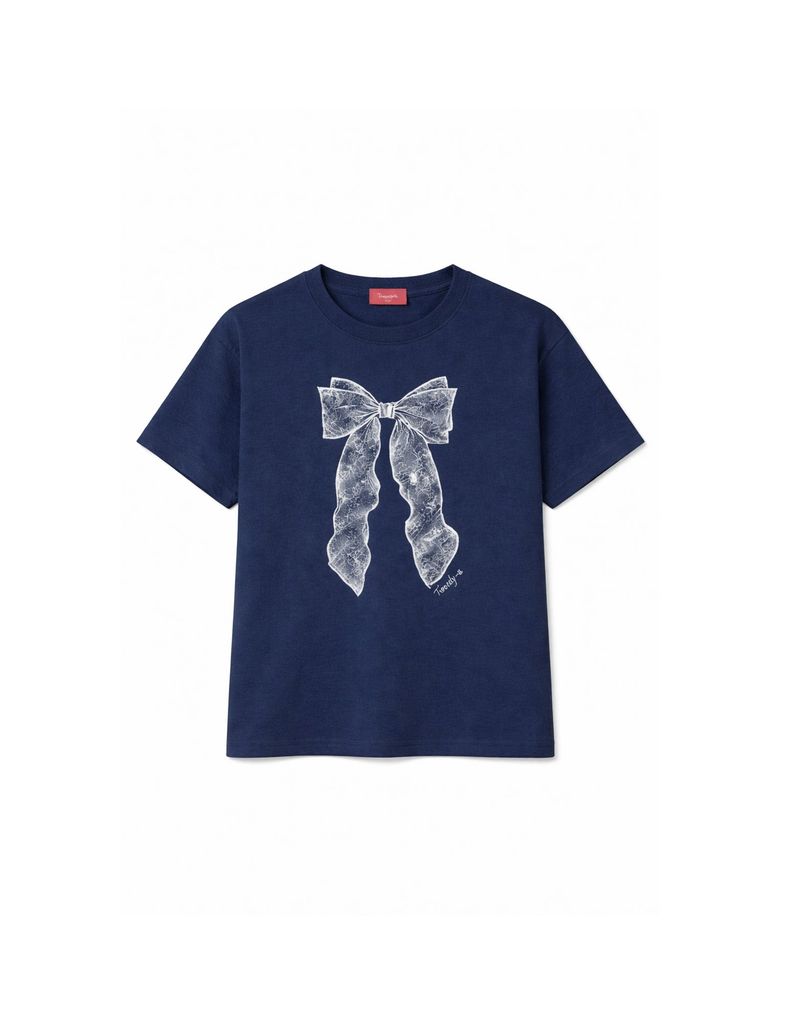 Rosalie Lace Ribbon Print Short Sleeve T-Shirt Navy