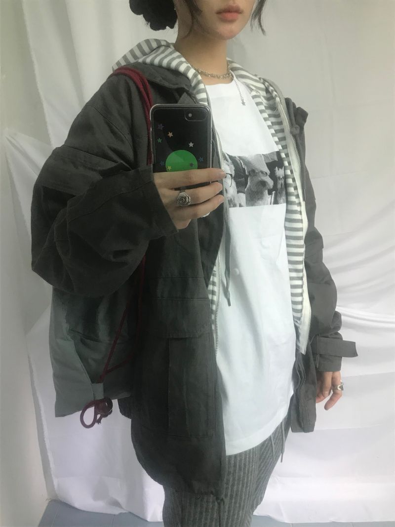Stripe Semi-Crop Hooded Zip-Up