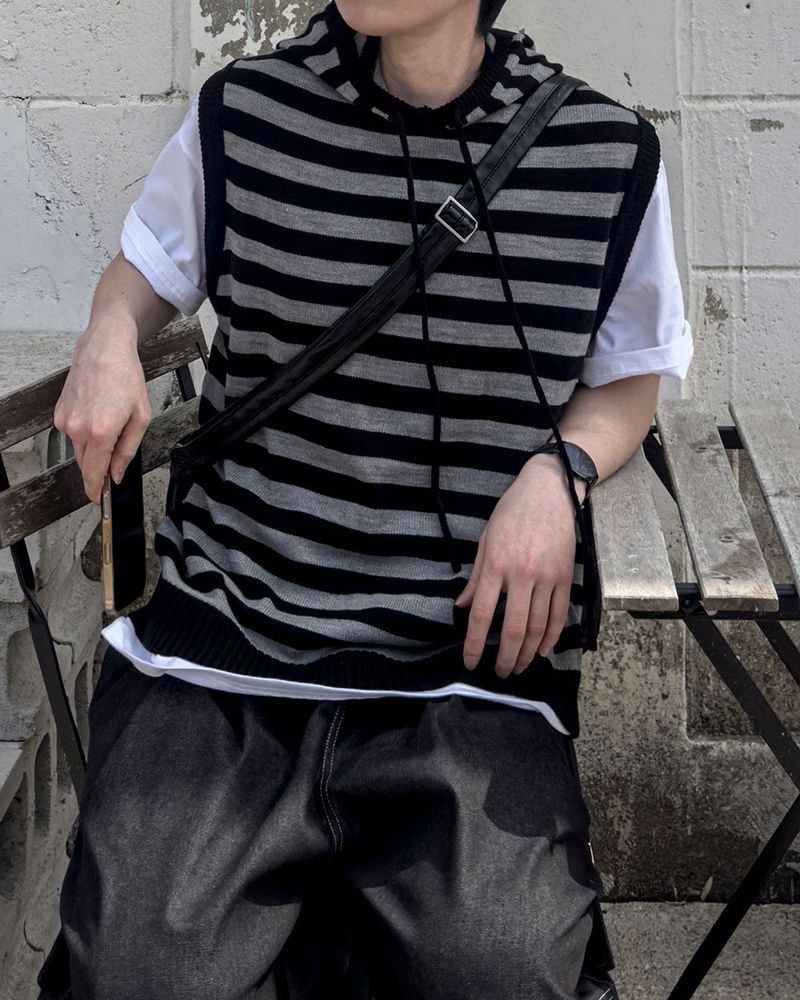 Broad Stripe Knit Hoodie Vest