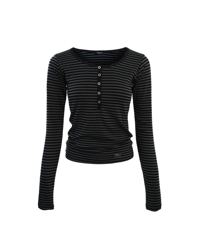 Henley Neck Long Sleeve Stripe Black