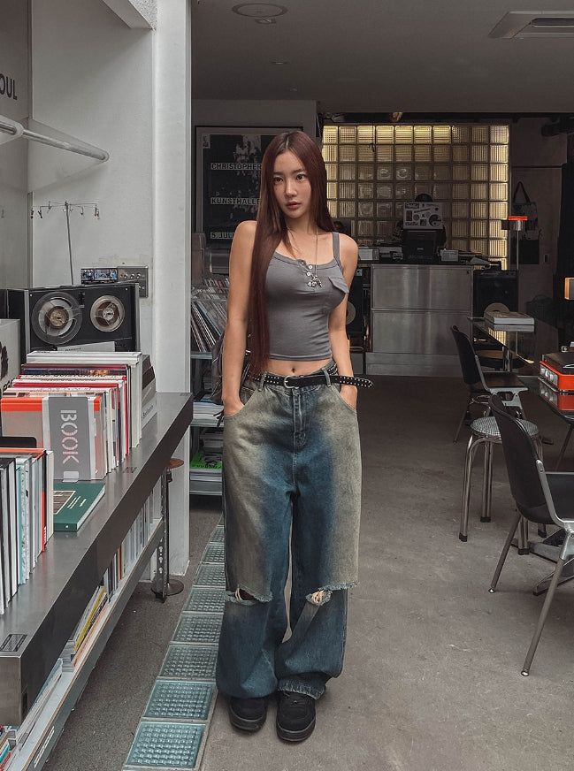 cross damage banding denim pants