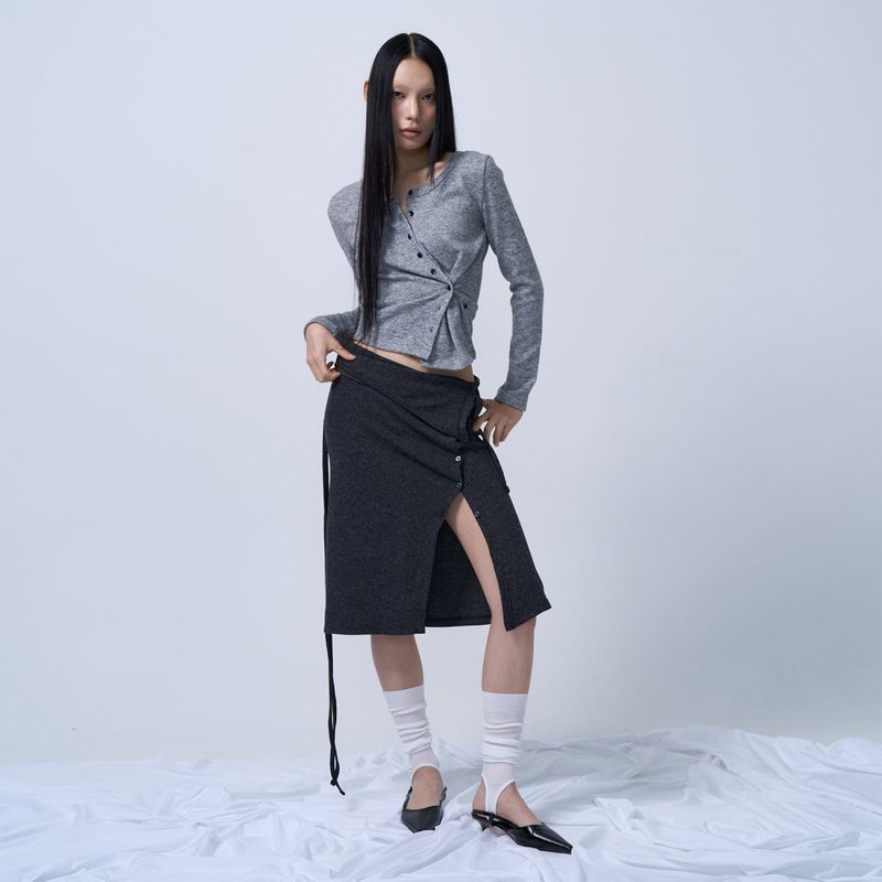 SIDE BUTTON POINT KNIT CARDIGAN (MELANGE GRAY)