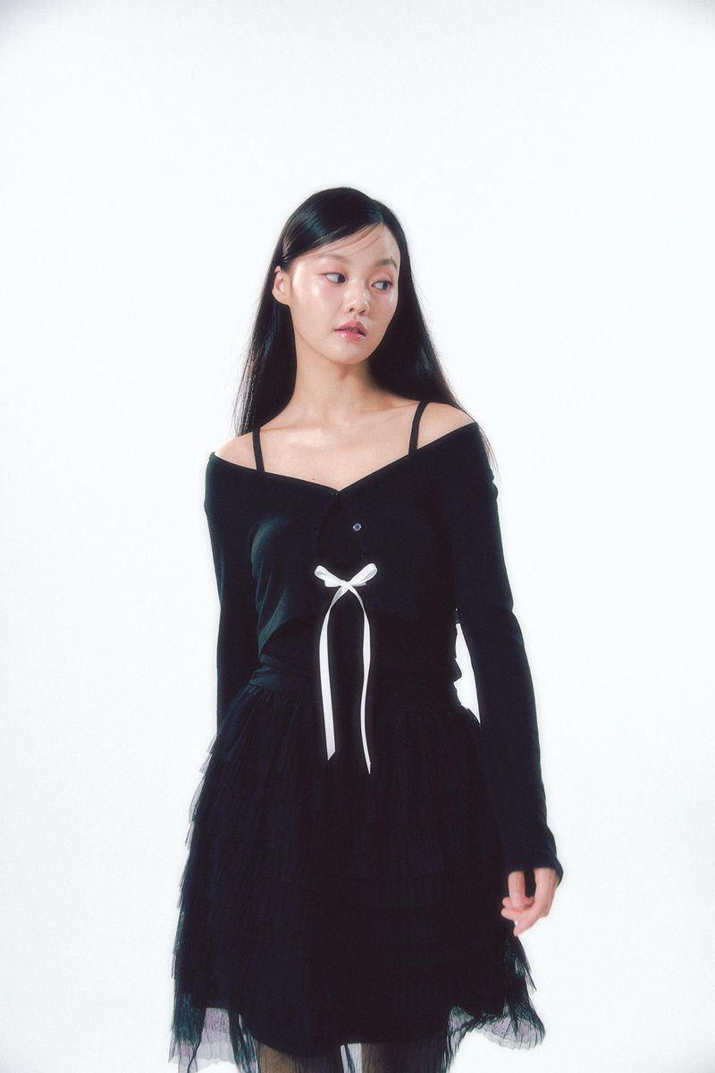 Knit Ribbon Shirring Top Set Black