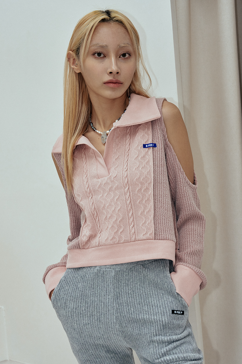 hole collar crop knit_pink