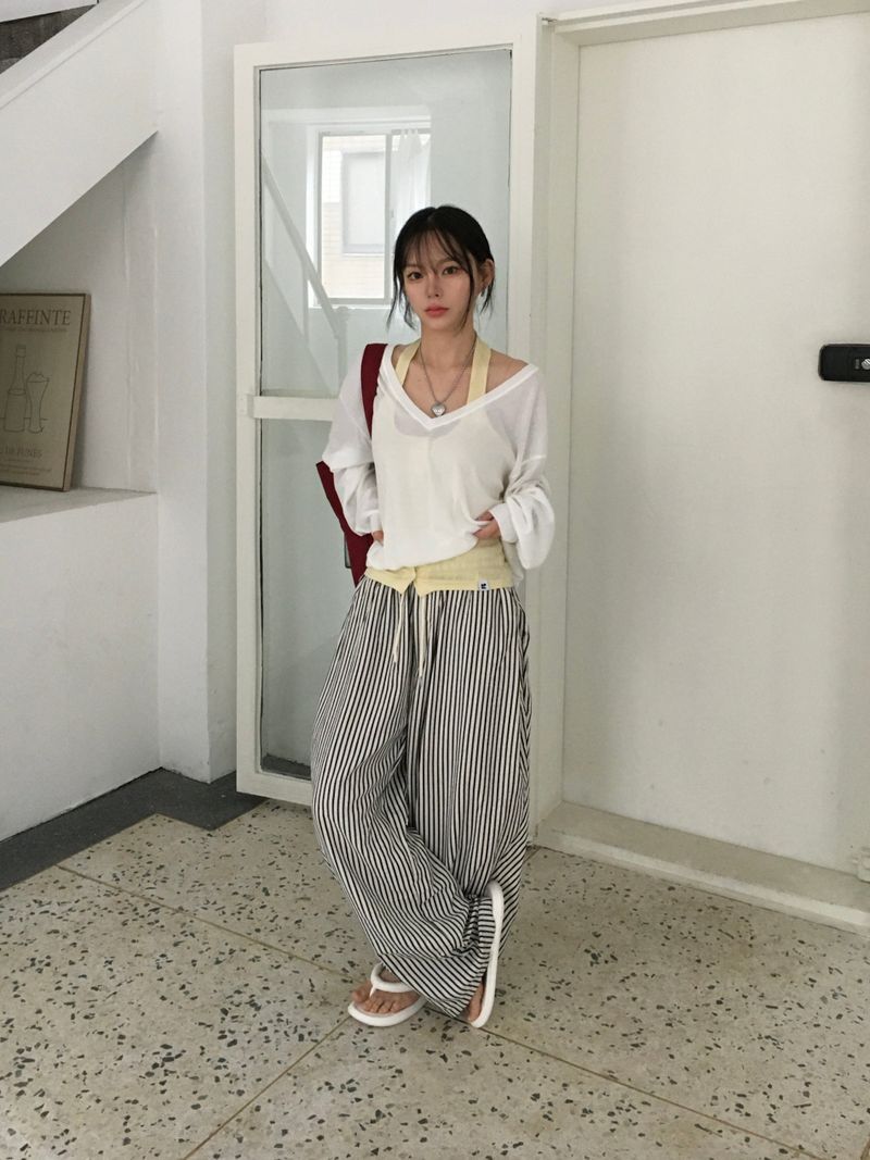 Seersucker striped wide pants (2c)