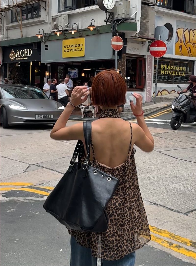 Tie set leopard print dot bustier long blouse