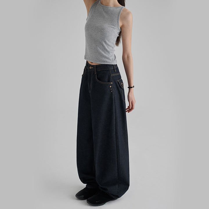 [Greden] Stud Pocket Curved Raw Denim Pants