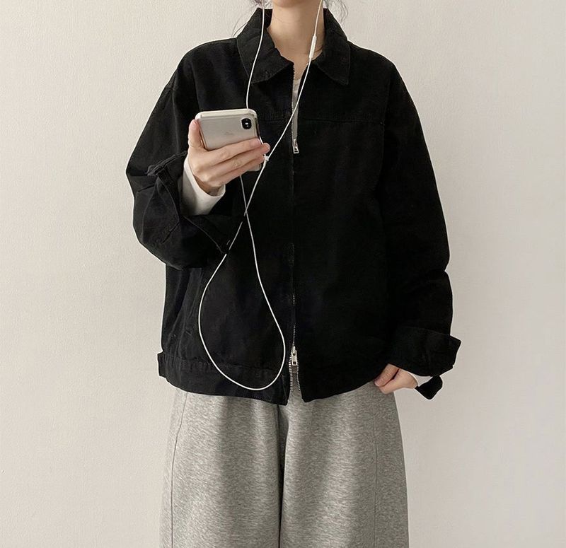 Rentto Basic Collar Zipper Loose Fit Cotton Jacket