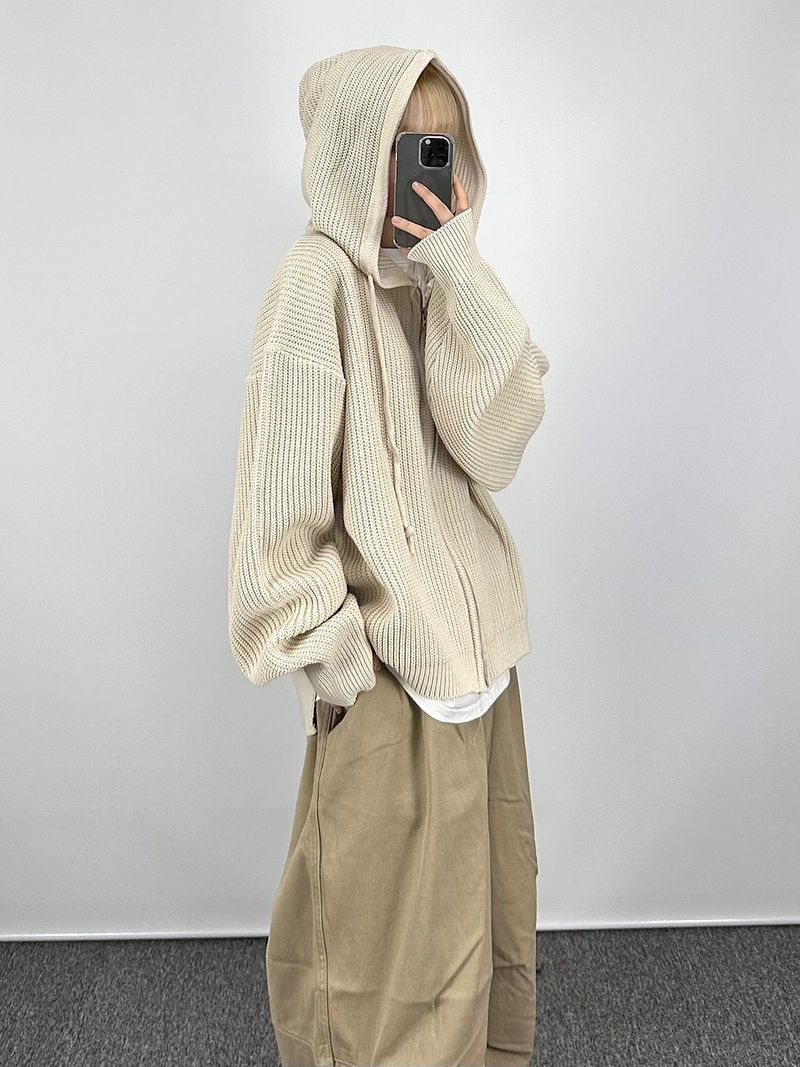 Warm hooded knit zip-up
