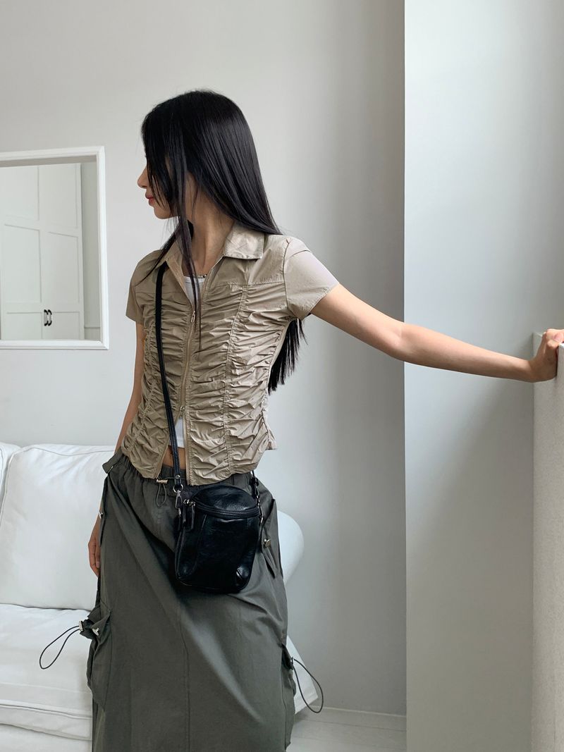Pave gopchang pleated shirring two-way nylon short-sleeved jacket