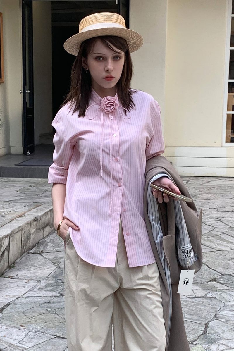 BROOCH STRIPE SHIRT_PINK