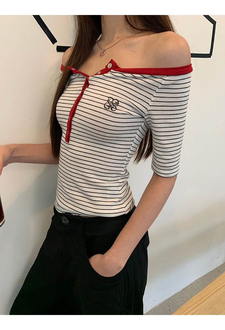 Red Line Stripe Off-Shoulder Top