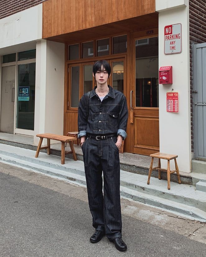 Friendly Pintuck Trucker Denim Jacket Pants Set