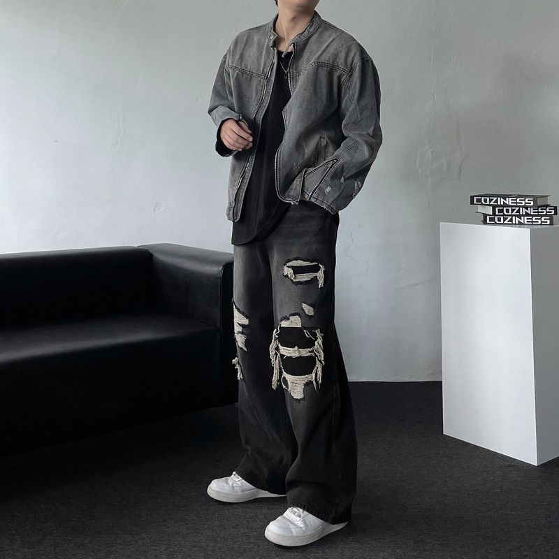 Gray Damage Black Jeans Jacket (D784205639992)