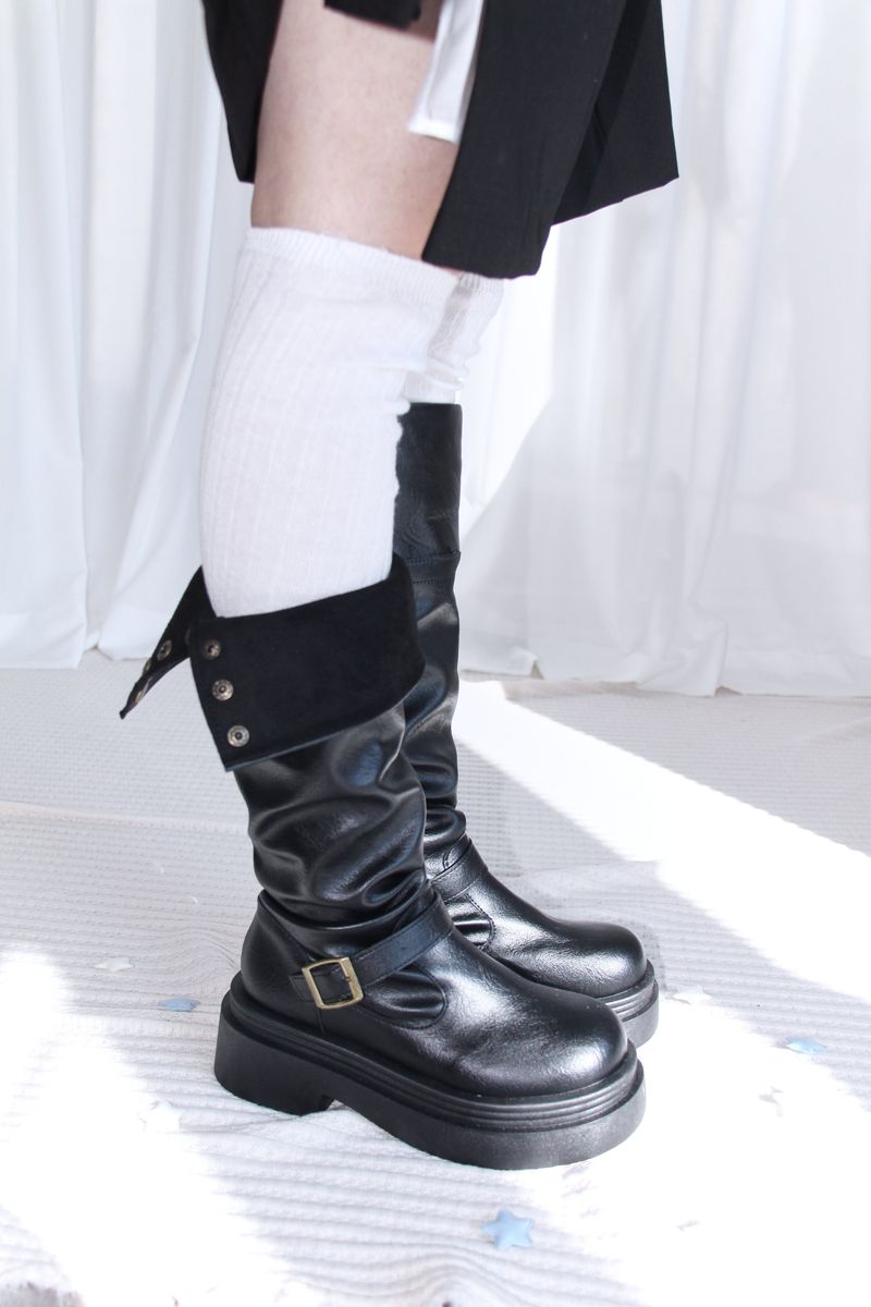 Buckle Leather Half Middle Boots