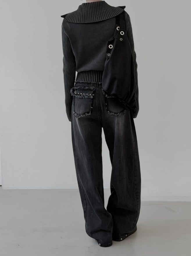 Hard high-neck washed knit zip-up