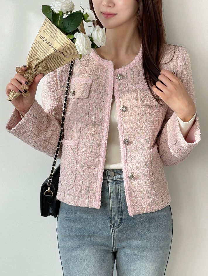 Lock color matching round pearl tweed jacket