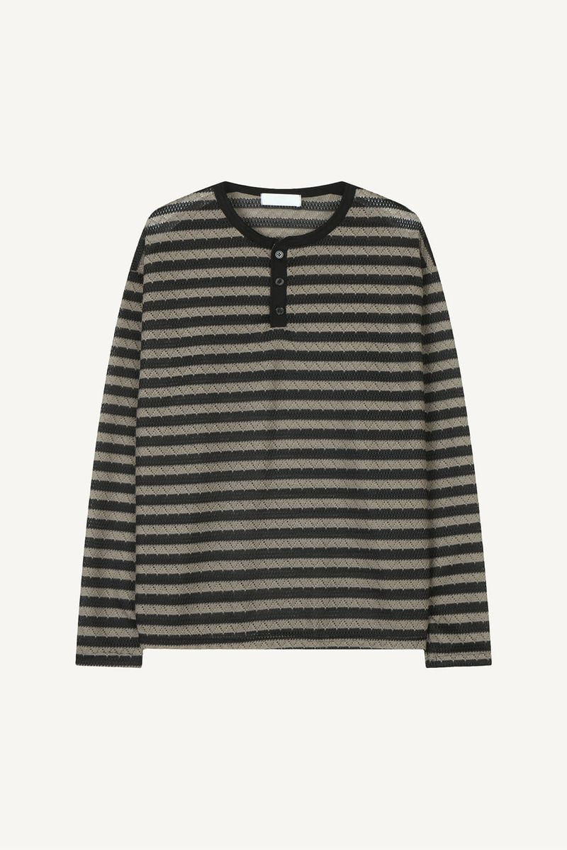 Striped Henley neck long sleeve knit