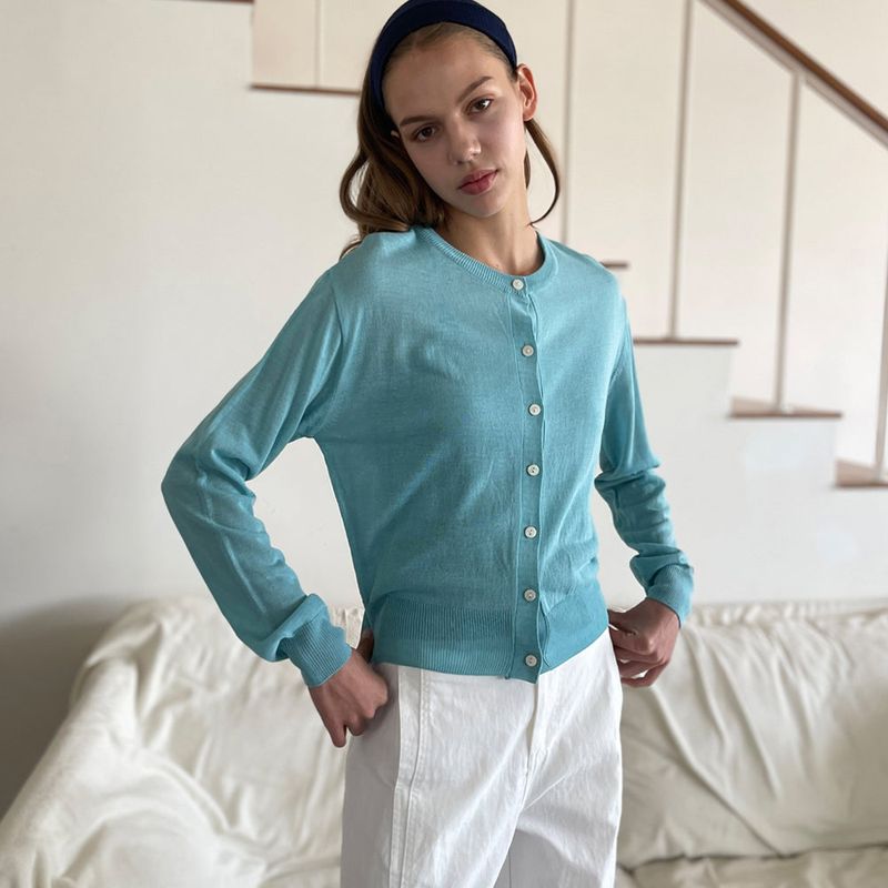 Summer Linen Round Neck Cardigan_Aqua Blue