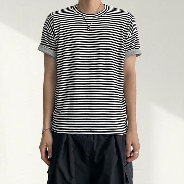 voarc（ボアク）の「Ro-up Layered Roll-Up Stripe Short Sleeve T-Shirt (4 colors)（Tops）」