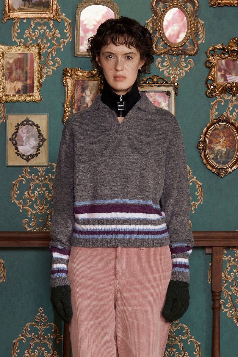 ALPACA STRIPE KNIT POLO SHIRT / CHARCOAL