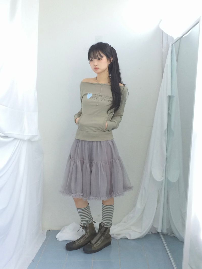Lettering Heart Boat Neck T-Shirt