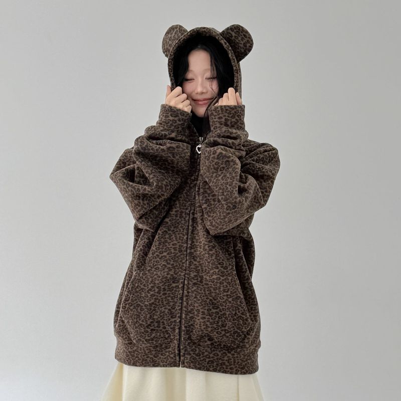 Teddy Leopard Zip-Up Hoodie – Brown