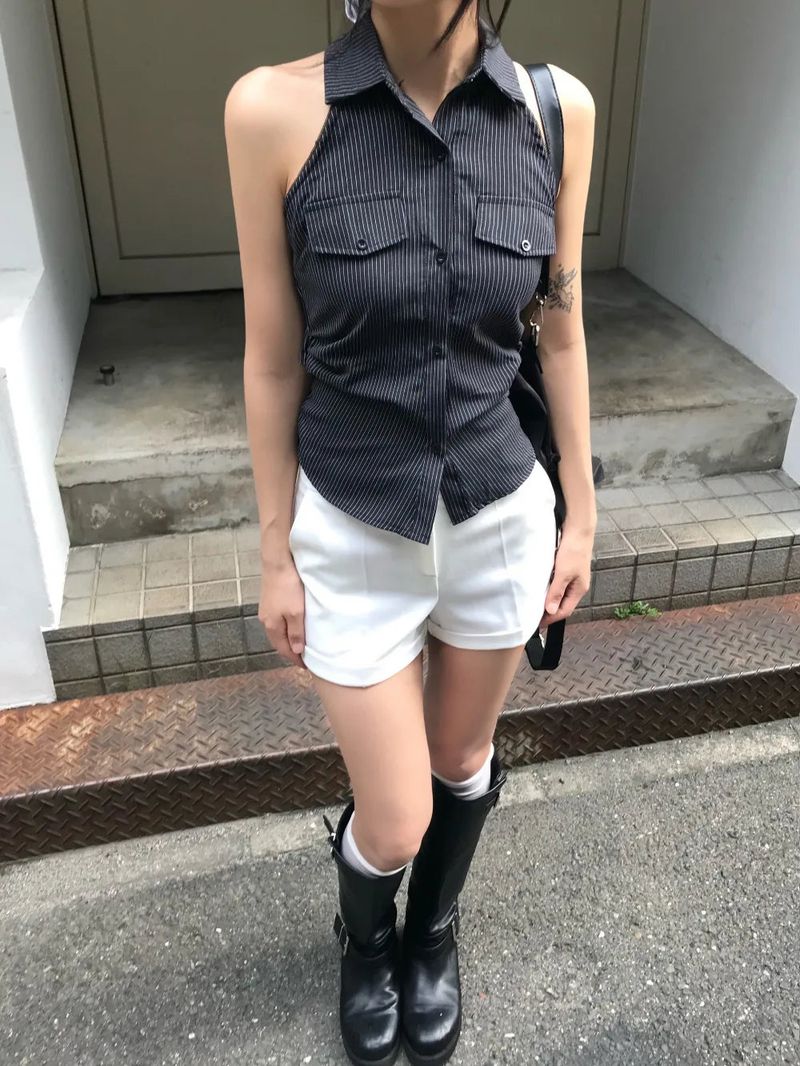 Niel Stripe Backless Halter Collar Shirt