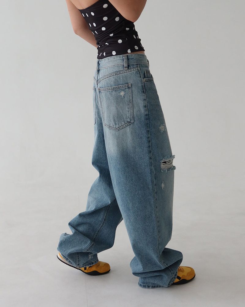 Roll-up collar vintage cutting wide denim