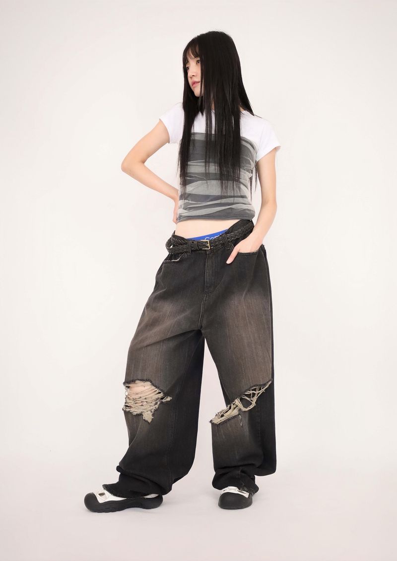 (UNISEX)Torn Twilight black Denim